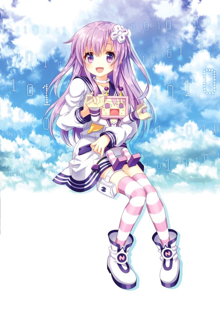 1girl, choujigen_game_neptune, clouds, d-pad, doll, hair_ornament, holster, long_hair