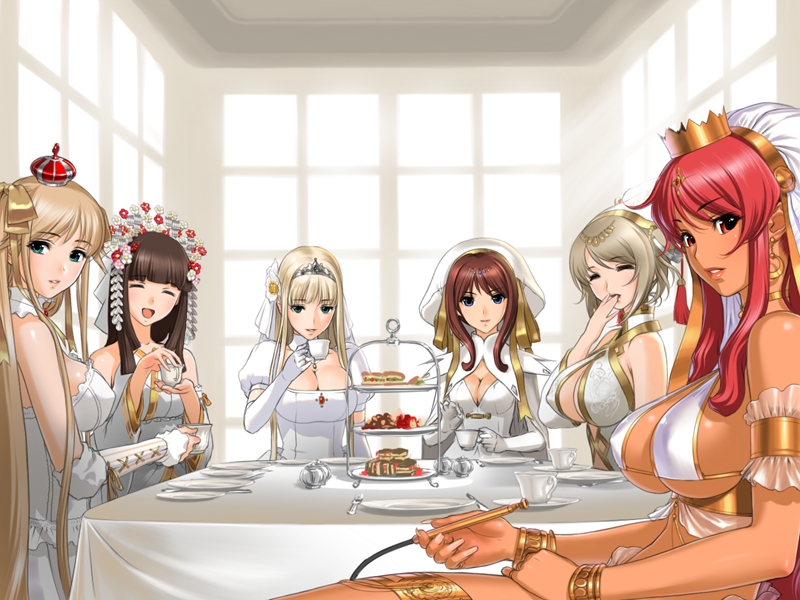 aqua_eyes, blonde_hair, blue_eyes, breasts, brown_hair, cleavage, crown, dress, erect_nipples, game_cg, hat, headdress, hime_to_boin, huge_breasts, julietto, large_breasts, maid_etsuko, multiple_girls, princess_caramel, princess_juliette, princess_maple, princess_milk, princess_tetsuko, princess_vanilla, red_eyes, red_hair, redhead, sano_toshihide, sideboob, smile, table, tiara, underboob, white_dress