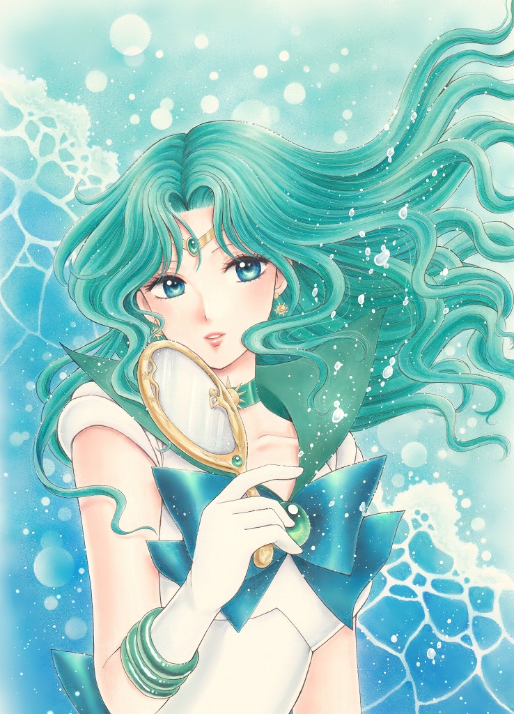 1girl, aqua_hair, bishoujo_senshi_sailor_moon, blue_bow, blue_eyes, bow, circlet, deep_aqua_mirror
