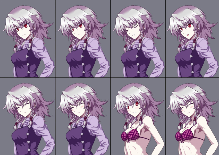 1girl, alternate_costume, bikini, blush, braid, closed_eyes, hair_ribbon, izayoi_sakuya