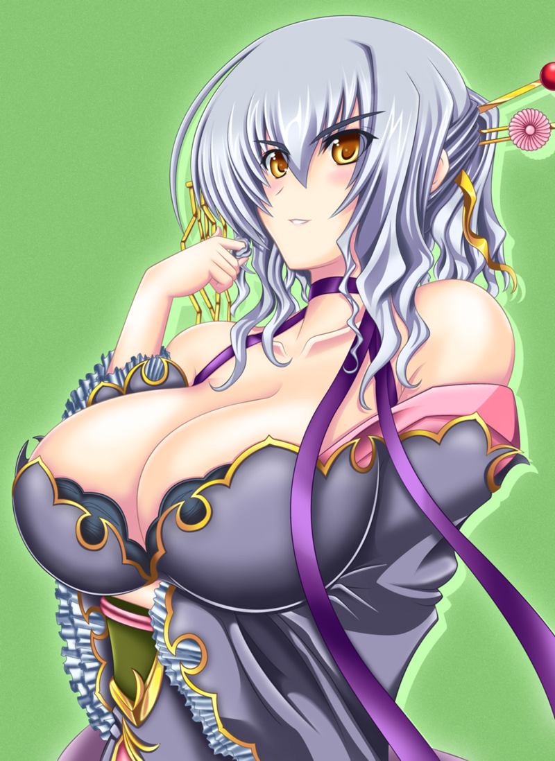 1girl, bare_shoulders, blush, breast_rest, breasts, choker, cleavage, collarbone