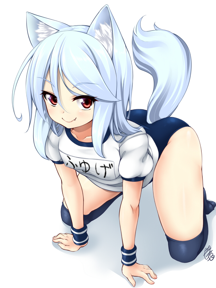 1girl, amau_(kosmos), animal_ears, ass, blue_legwear, borrowed_character, buruma, fang
