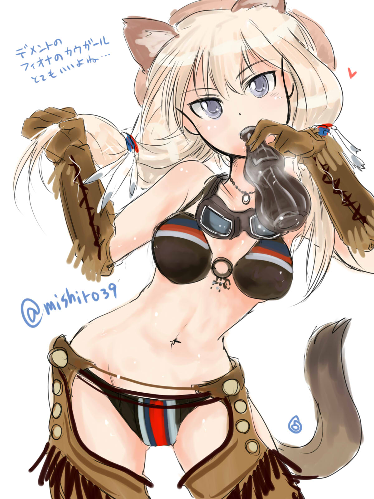 1girl, animal_ears, bikini, blonde_hair, bottle, brown_gloves, carla_j_luksic, cat_ears