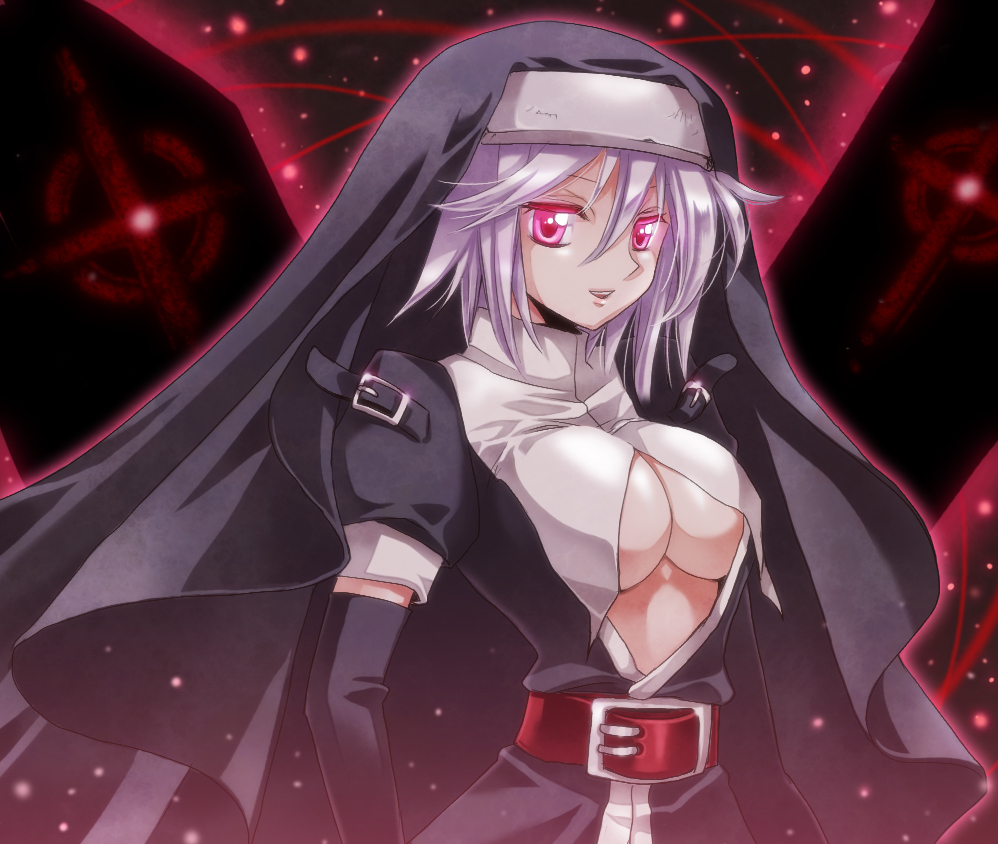 1girl, artist_request, belt, black_gloves, breasts, cross, elbow_gloves, gloves, headdress, lavender_hair, looking_at_viewer, m.u.g.e.n, nun, nyal_lathotep, parted_lips, pink_eyes, short_hair, smile, solo, under_boob