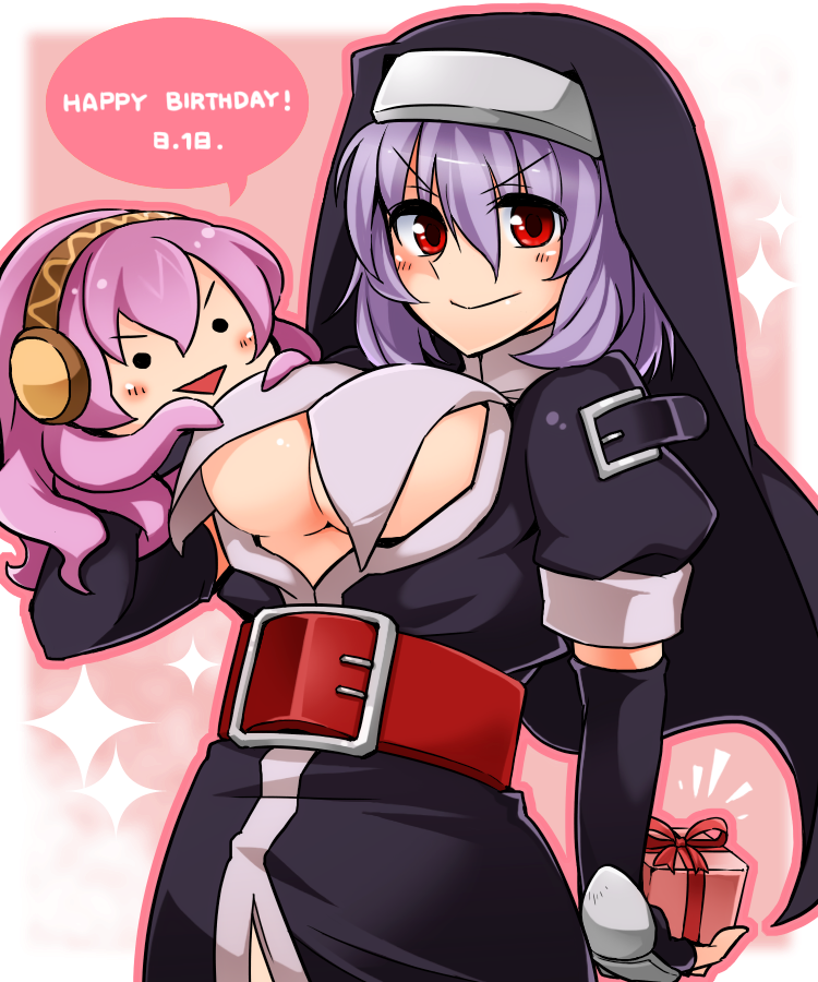 1girl, belt, black_gloves, blush, breasts, elbow_gloves, fingerless_gloves, gift