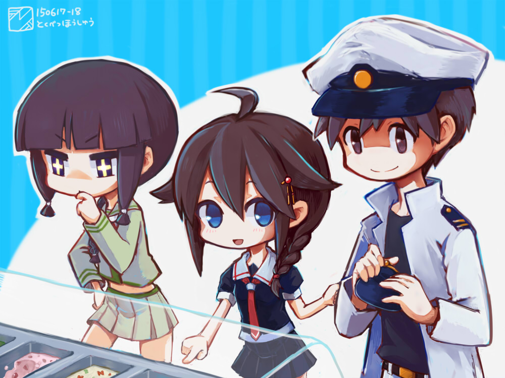 admiral_(kantai_collection), black_eyes, black_hair, blue_eyes, braid, hair_ornament, hat, kantai_collection