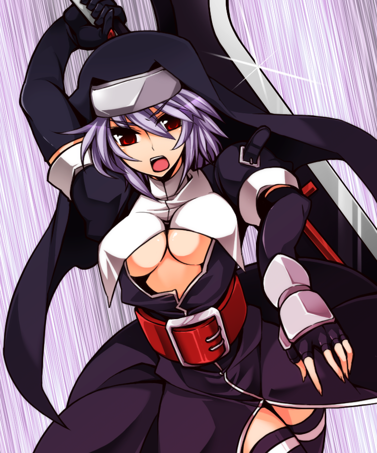 1girl, belt, black_gloves, black_legwear, blade, breasts, elbow_gloves, fingerless_gloves