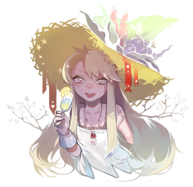 1girl, :d, blonde_hair, champagne_glass, dress, hat, jewelry, long_hair