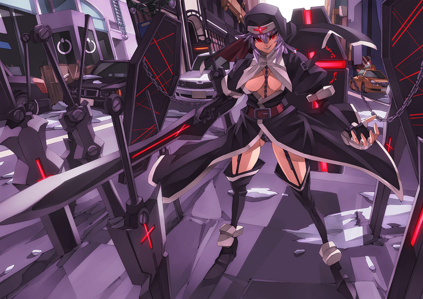 1girl, belt, black_gloves, black_legwear, black_panties, blade, breasts, chain, cross, fingerless_gloves, g.haruka, garter_straps, gloves, headdress, lavender_hair, looking_at_viewer, m.u.g.e.n, nun, nyal_lathotep, panties, red_eyes, revealing_clothes, short_hair, smile, solo, sword, under_boob, underwear, weapon