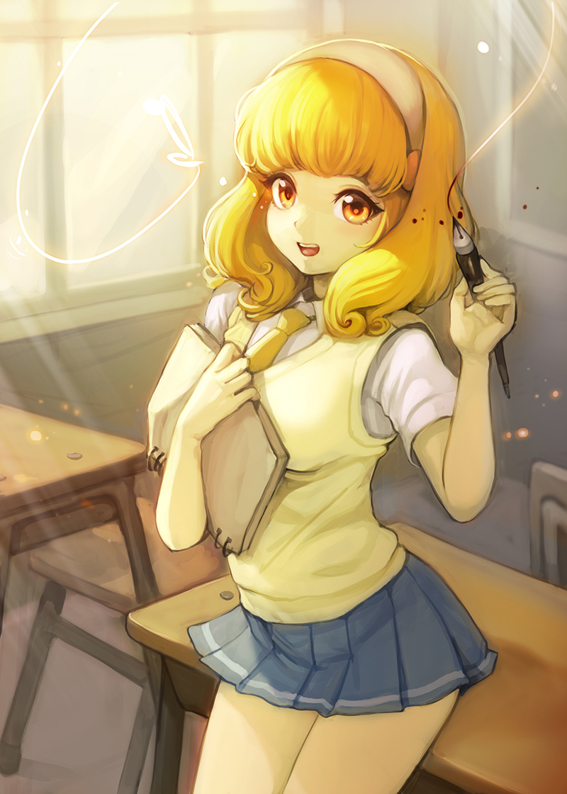 1girl, blonde_hair, blush, classroom, dawkinsia, hairband, kise_yayoi, open_mouth