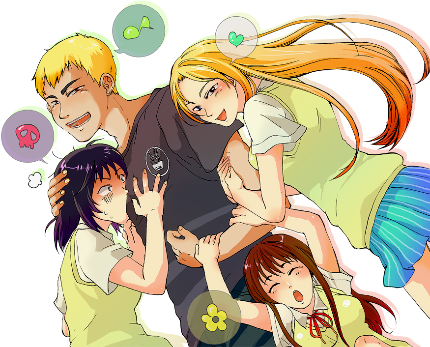 1boy, 3girls, :d, :o, aizawa_miyabi, blonde_hair, blue_eyes, blue_hair, brown_eyes, brown_hair, chinki, earrings, flower, forced, great_teacher_onizuka, heart, heterochromia, holding_arm, holding_to_chest, jewelry, kanzaki_urumi, multiple_girls, musical_note, nomura_tomoko, onizuka_eikichi, school_uniform, skull, teacher_and_student, tongue, white_background