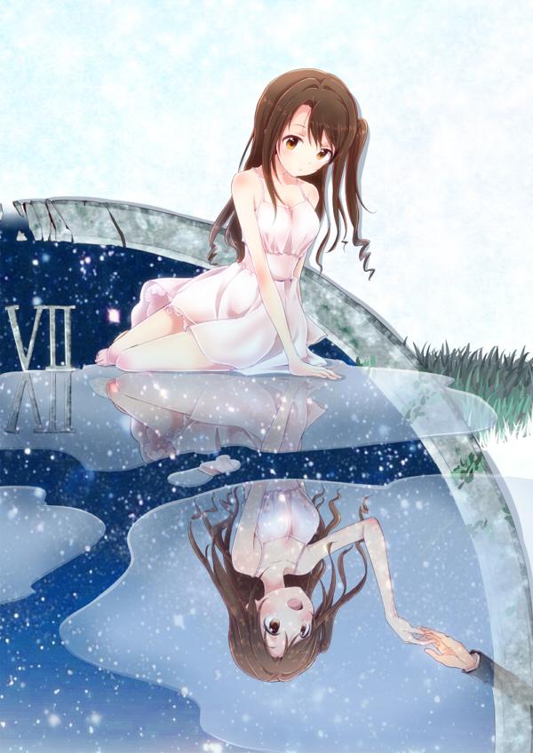 1girl, brown_eyes, brown_hair, dress, hands, idolmaster, idolmaster_cinderella_girls, long_hair