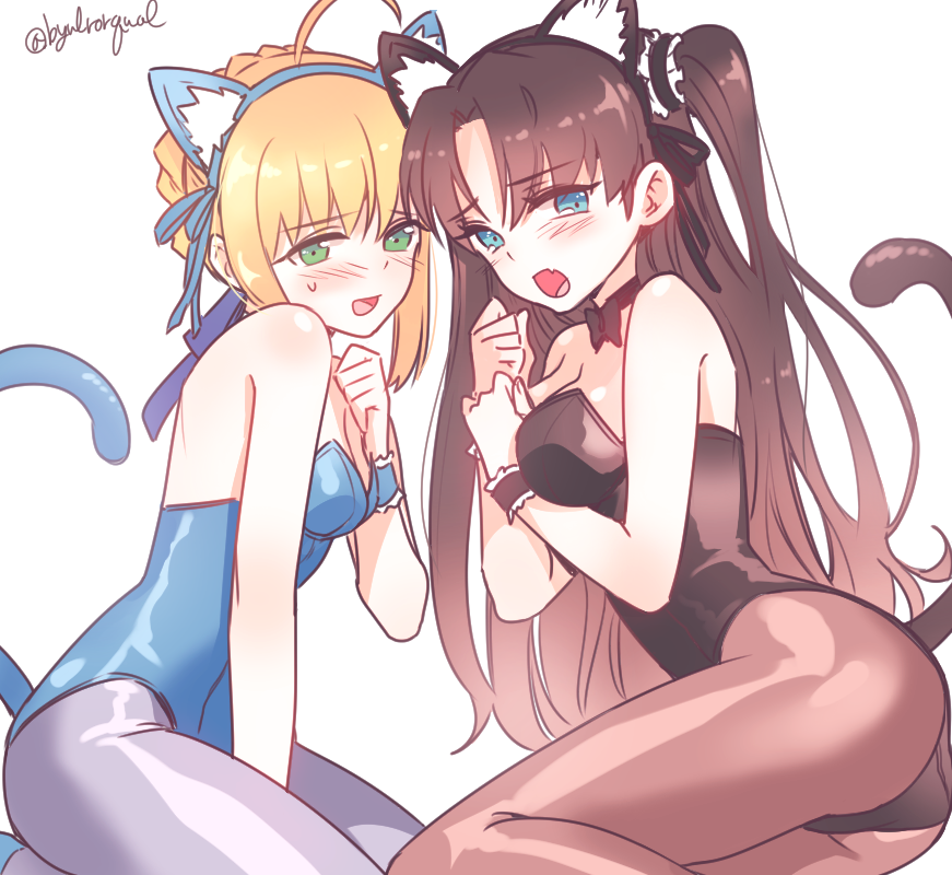 2girls, ahoge, animal_ears, bare_shoulders, black_hair, blonde_hair, blue_eyes, blush, breasts, byulrorqual, cat_ears, cat_tail, choker, cleavage, fake_animal_ears, fate/stay_night, fate_(series), green_eyes, long_hair, multiple_girls, open_mouth, pantyhose, saber, short_hair, tail, toosaka_rin, twitter_username, two_side_up