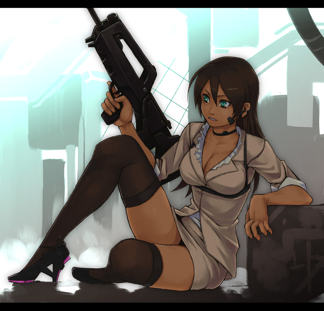 assault_rifle, blazer, breasts, brown_hair, brown_legwear, bullpup, choker, cleavage
