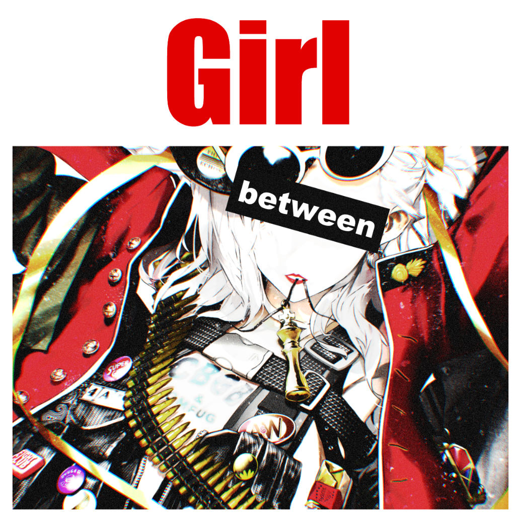 1girl, a&amp;w, album_cover, ammunition_belt, badge, bar_censor, batman_(series), body_writing