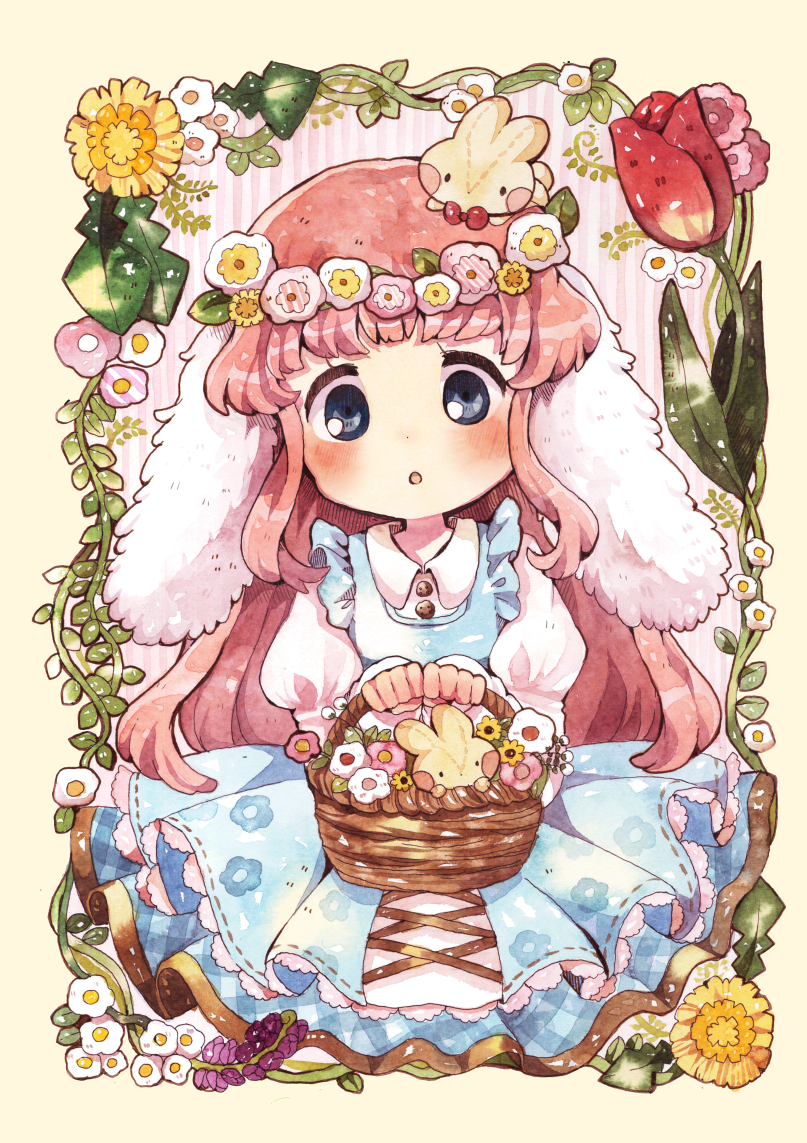 1girl, :o, animal_ears, basket, blue_eyes, blush, dress, flower