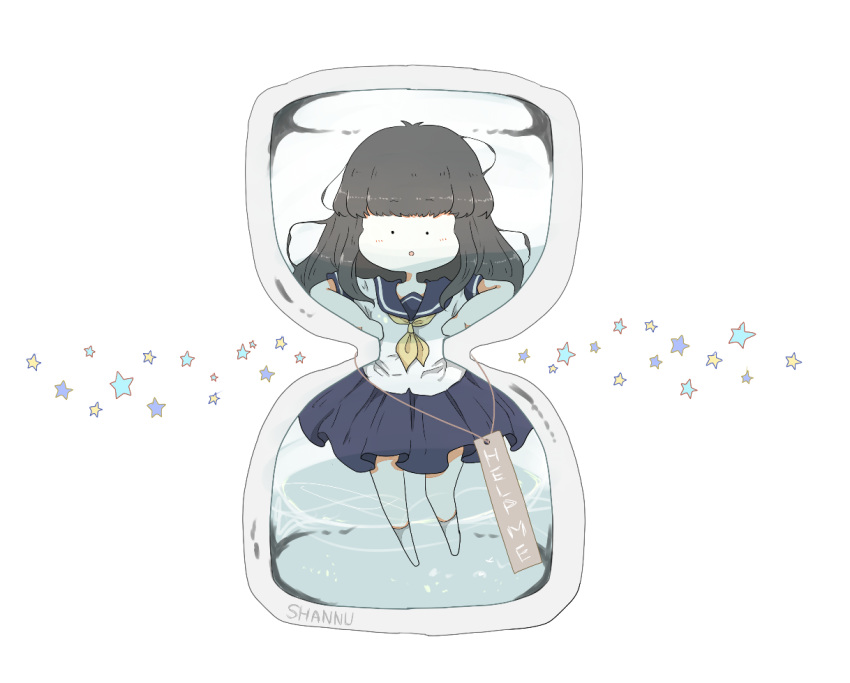 1girl, :o, artist_name, bangs, black_hair, blush, hourglass, inside, long_hair, looking_at_viewer, original, seraf, shannu0506, simple_background, skirt, solo, star, stuck, tag, water, white_background, yellow_necktie