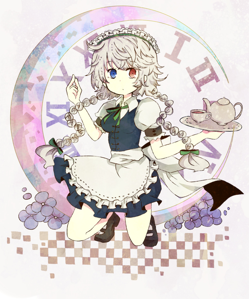 1girl, blue_eyes, bow, braid, checkered, clock, crescent, cup, frilled_skirt, frilled_sleeves, frills, hair_bow, heterochromia, highres, izayoi_sakuya, kneeling, long_hair, maid, maid_headdress, puffy_sleeves, red_eyes, shannu0506, shoes, short_sleeves, silver_hair, skirt, skirt_set, solo, tea, teacup, teapot, touhou, tray, twin_braids