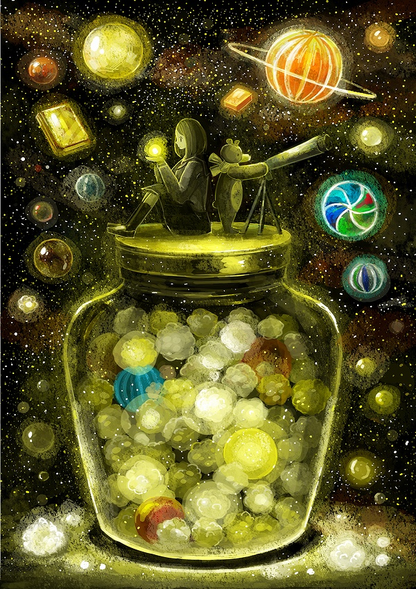 1girl, back-to-back, black_legwear, candy, candy_jar, glowing, holding, jar