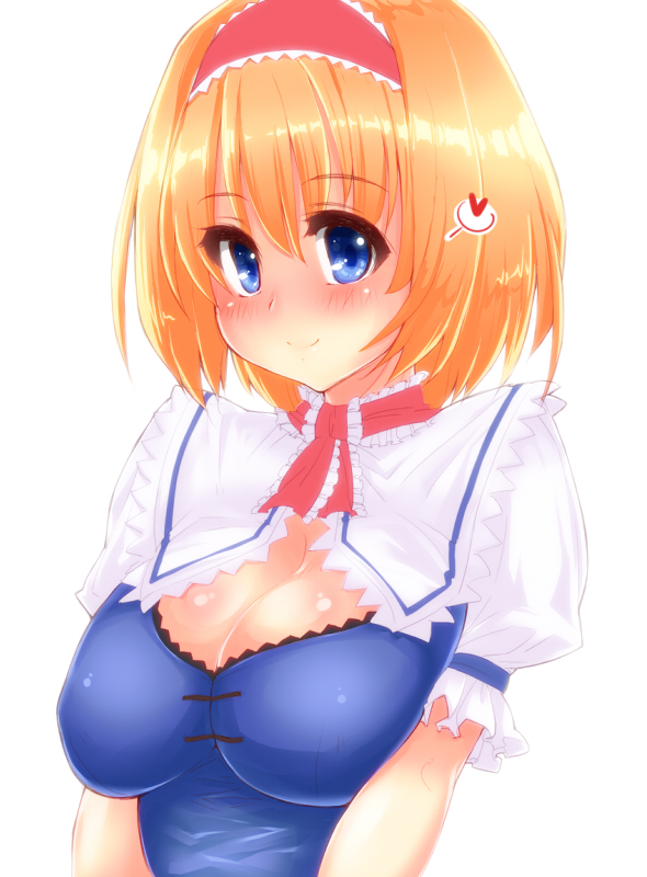 1girl, alice_margatroid, blonde_hair, blue_eyes, blush, breasts, capelet, cleavage