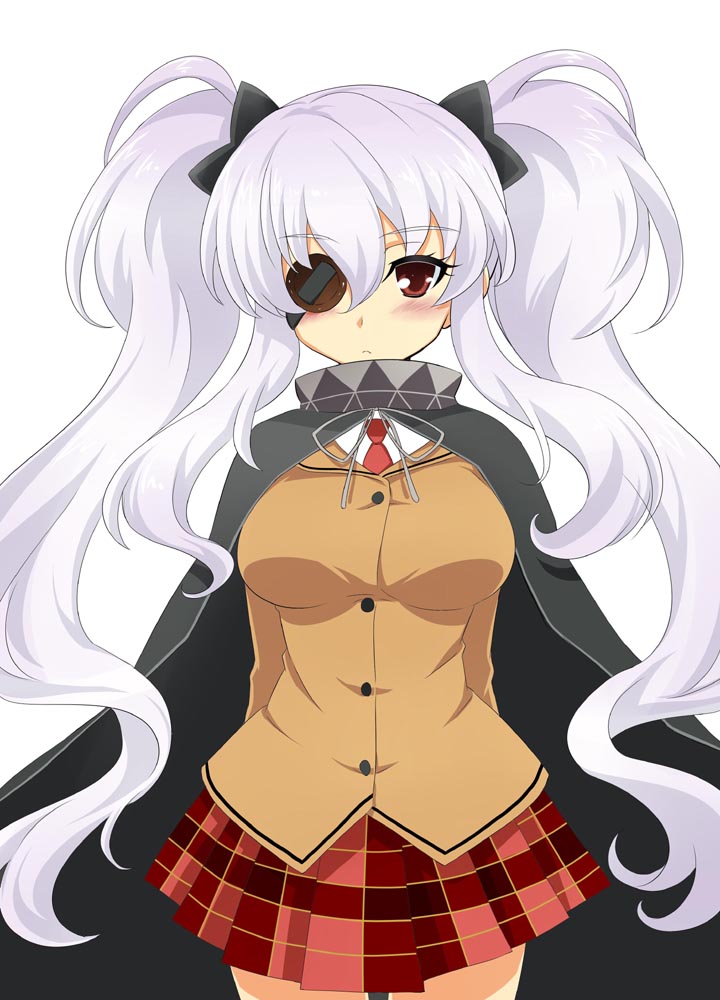 1girl, cape, eyepatch, guy_(kiji11), hair_ornament, long_hair, looking_at_viewer, necktie