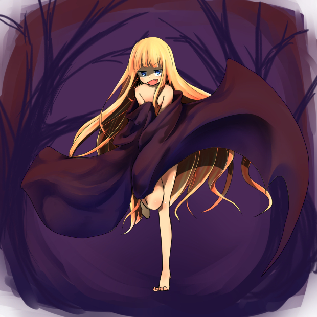 1girl, bare_shoulders, barefoot, blonde_hair, blue_eyes, evangeline_a_k_mcdowell, long_hair, mahou_sensei_negima!