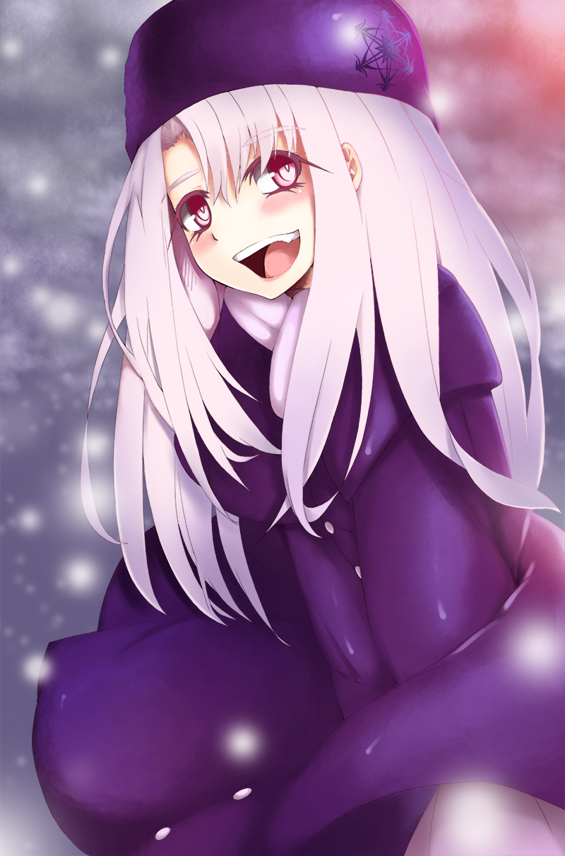 1girl, blush, fang, fate/stay_night, fate_(series), fur_hat, georgian_clothes, hat