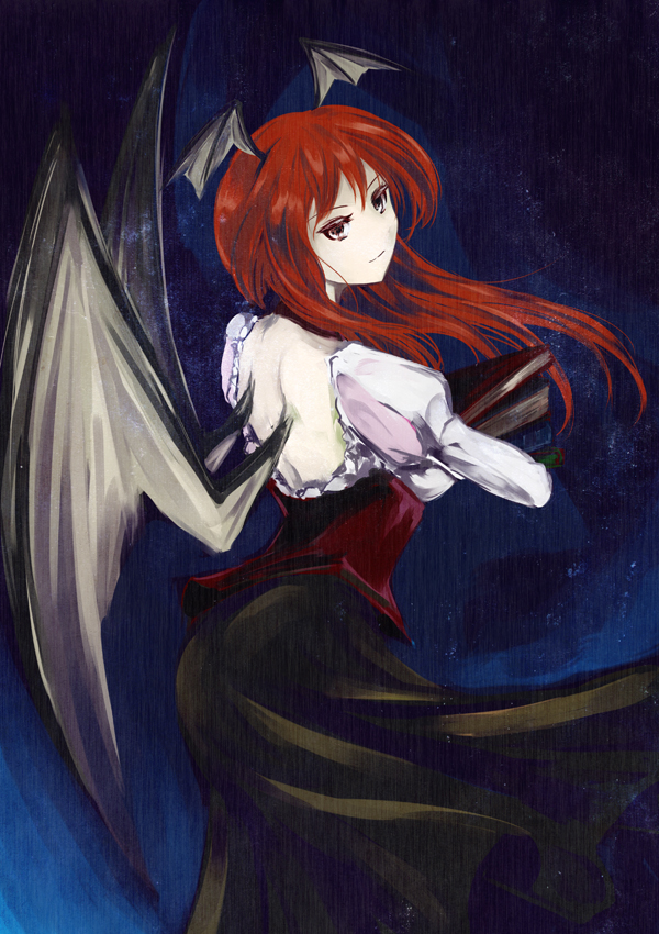 1girl, back, bat_wings, blue_background, book, book_hug, book_stack, colored_eyelashes