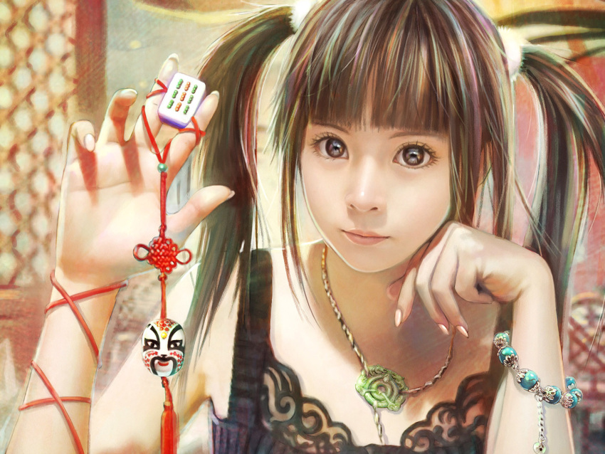 brown_eyes, brown_hair, eat, face, hands, highlights, highres, jewelry