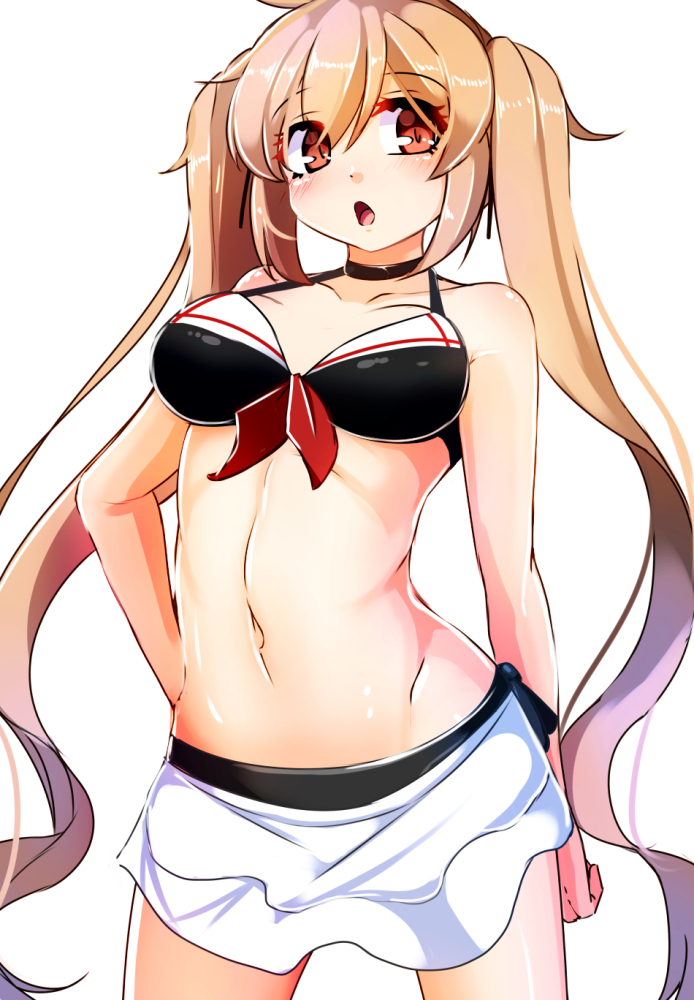 1girl, bikini, brown_eyes, brown_hair, kantai_collection, long_hair, murasame_(kantai_collection), open_mouth