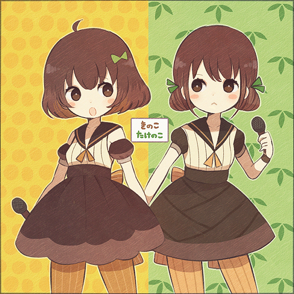 2girls, :<, ahoge, ayu_(mog), blush_stickers, brown_eyes, brown_hair, cowboy_shot