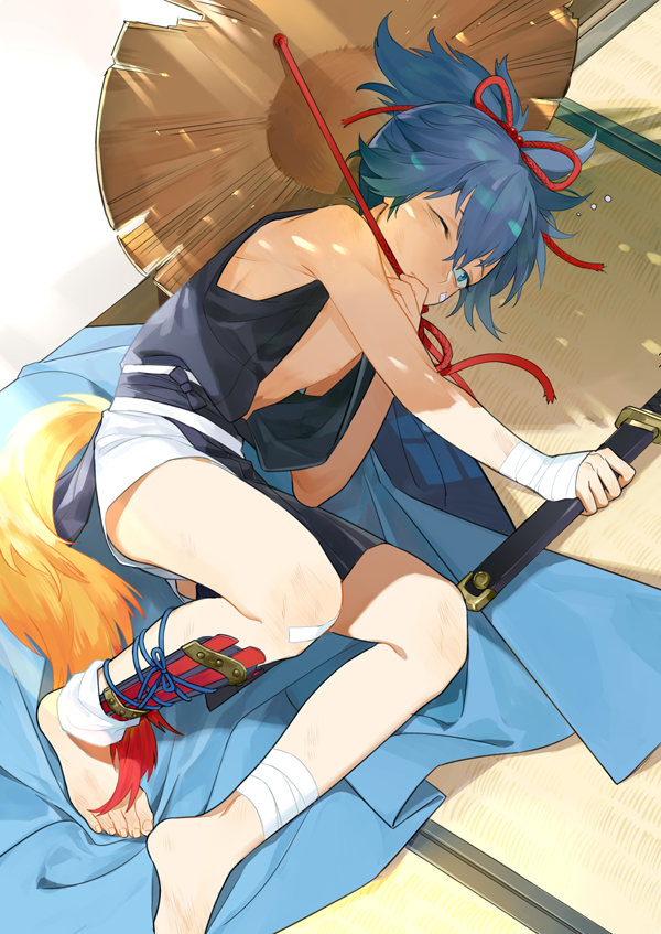 1boy, bandages, blue_eyes, blue_hair, hat, inkerpape, japanese_clothes, lying