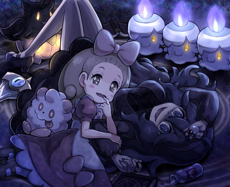 brown_hair, fairy_tale_girl_(pokemon), hex_maniac_(pokemon), honedge, litwick, lying, pokemoa, pokemon