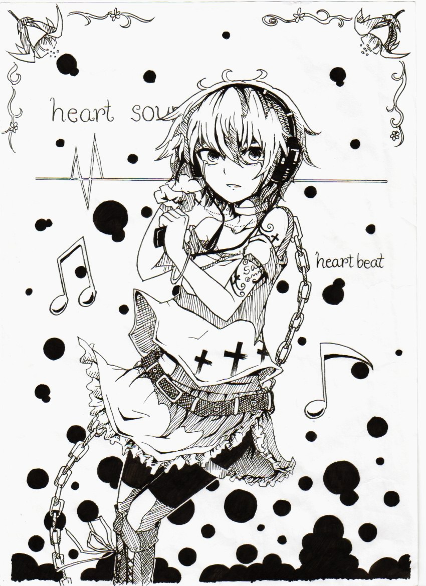 .flow, 1girl, beamed_quavers, belt, bike_shorts, chain, digital_media_player, ekg