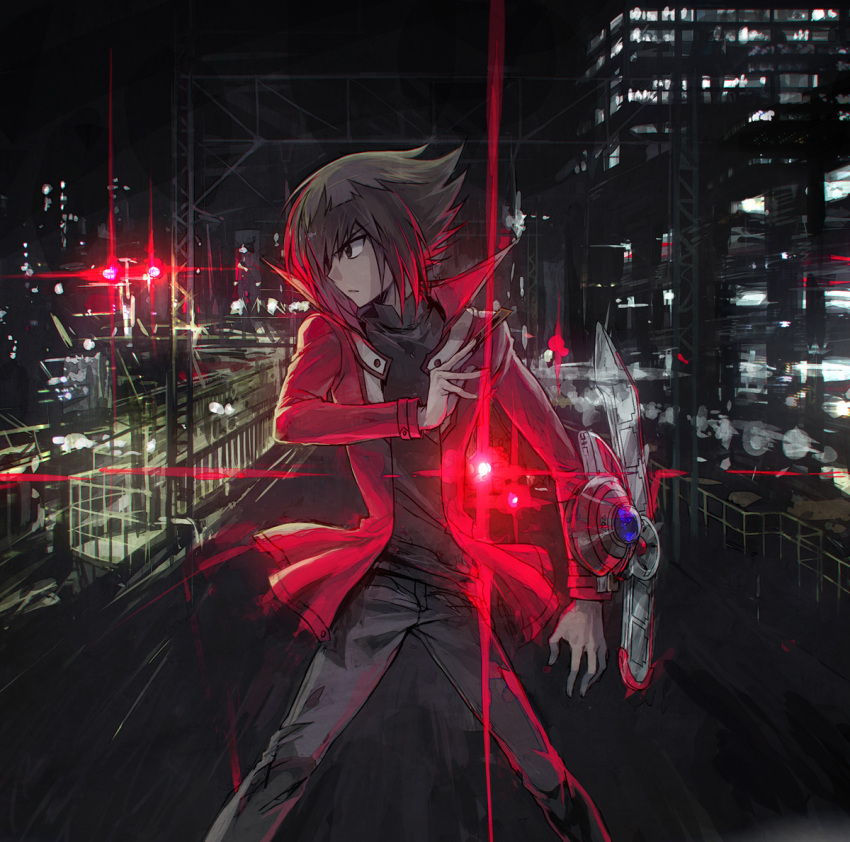 1boy, black_legwear, black_shirt, bridge, brown_eyes, brown_hair, building, card