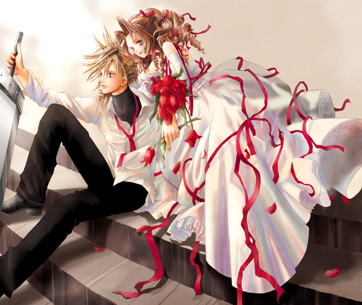 1boy, 1girl, aerith_gainsborough, bare_shoulders, blue_eyes, bouquet, brown_hair, buster_sword, cloud_strife, doujinshi, dress, elbow_gloves, final_fantasy, final_fantasy_vii, flower, gloves, green_eyes, kiyose_nodoka, necktie, ribbon, rose, spiky_hair, square_enix, wedding, wedding_dress