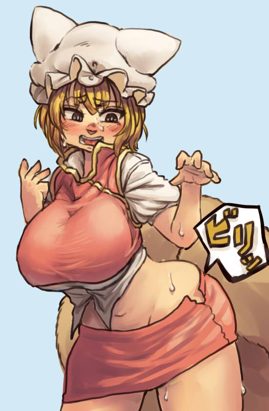 1girl, blonde_hair, blush, breasts, chanta_(ayatakaoisii), chen, chen_(cosplay), fox_tail, hat, hat_with_ears, huge_breasts, midriff, multiple_tails, open_mouth, ripping, shirt, skirt, skirt_set, solo, tail, undersized_clothes, vest, yakumo_ran