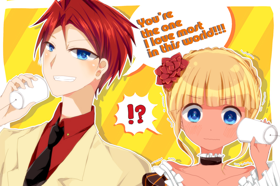 !?, 1boy, 1girl, beatrice, blonde_hair, blue_eyes, blush, choker, english, flower, full-face_blush, grin, hair_flower, hair_ornament, nakamura_nano, necktie, phone, redhead, rose, smile, string_phone, trembling, umineko_no_naku_koro_ni, ushiromiya_battler