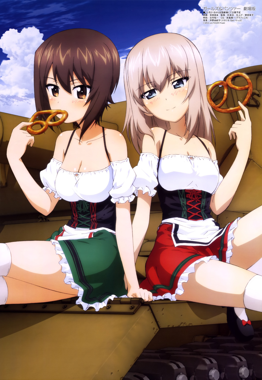2girls, absurdres, blue_eyes, blush, breasts, brown_eyes, brown_hair, cleavage