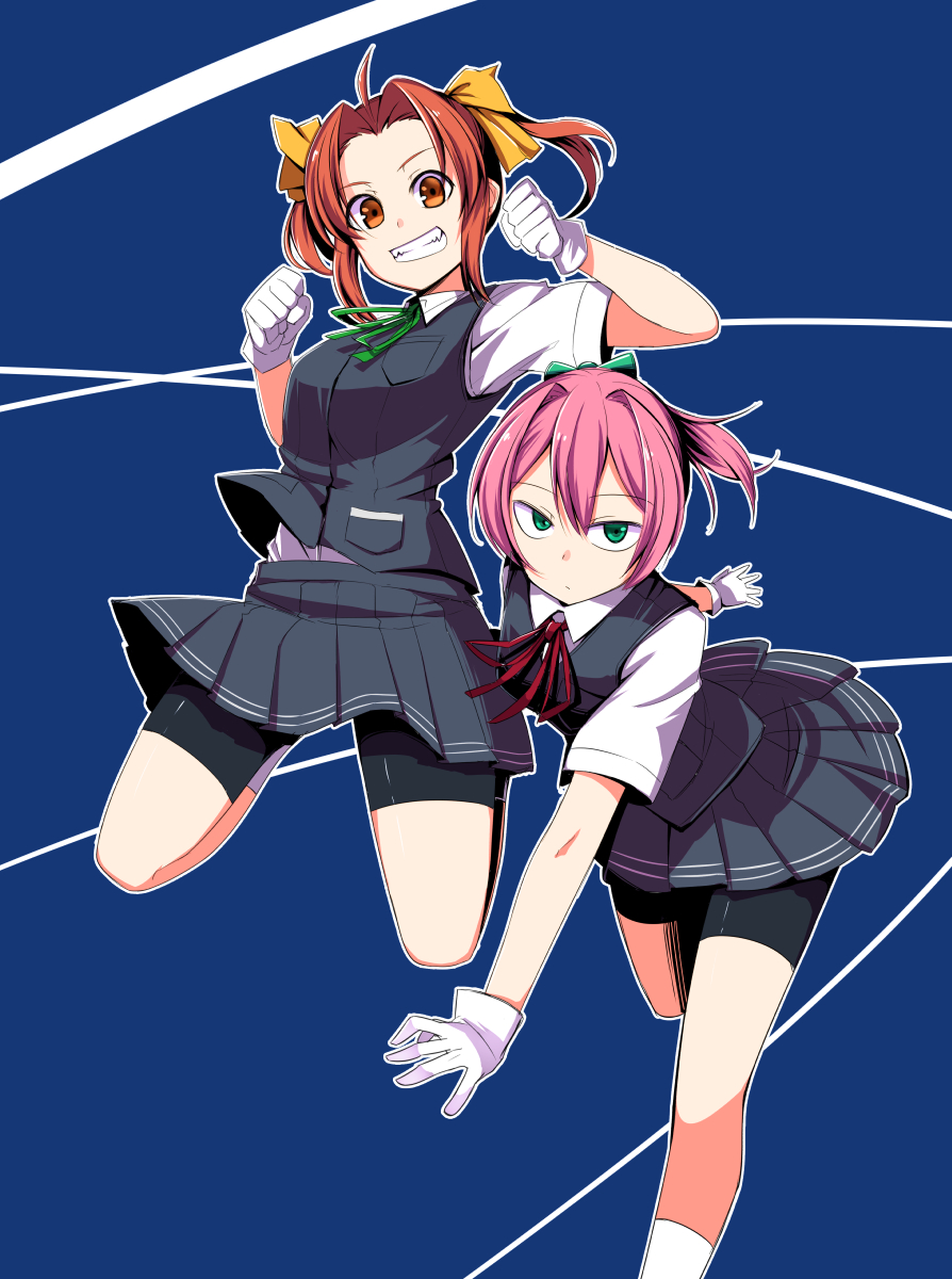 2girls, blue_eyes, brown_eyes, brown_hair, gloves, grin, highres, ichifuji_nitaka_(phase_nine)