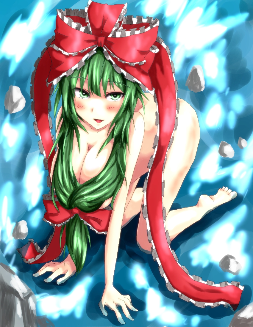 1girl, acchan, all_fours, bow, breasts, cleavage, front_ponytail, green_eyes