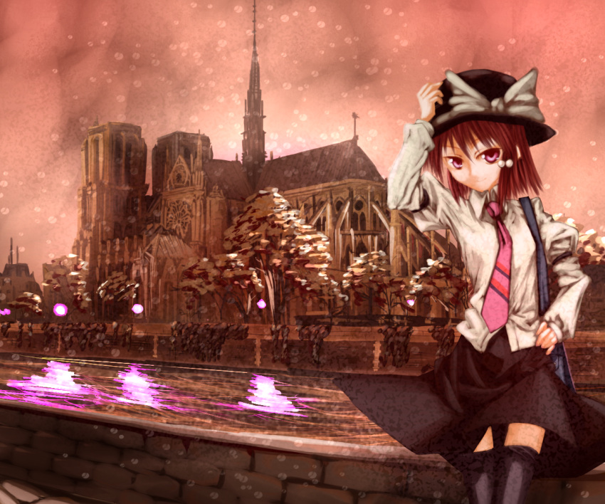 flying_buttress, gothic_architecture, hat, notre_dame_de_paris, ruka, scenery, snow, solo