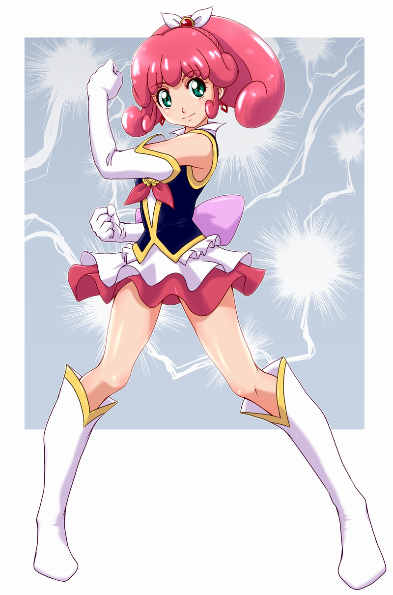 1girl, boots, cure_mirage, dengeki_gx, earrings, elbow_gloves, gloves, green_eyes, happinesscharge_precure!, highres, jewelry, knee_boots, magical_girl, miniskirt, pink_hair, pink_skirt, pose, precure, queen_mirage, shiny, shiny_skin, short_hair, skirt, smile, solo, spoilers, standing, white_boots, white_gloves