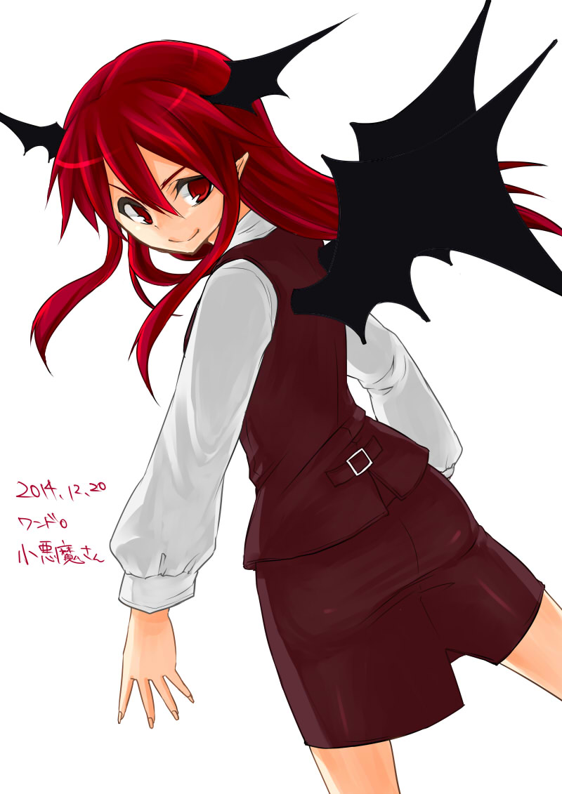 1girl, demon_wings, head_wings, koakuma, long_hair, looking_back, monrooru, pointy_ears