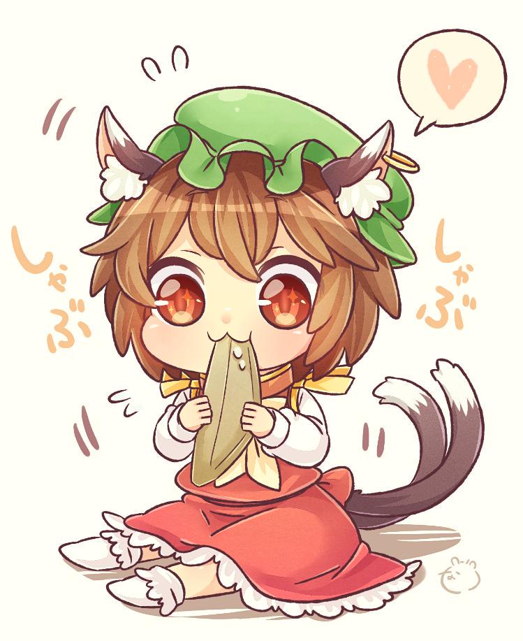 1girl, :3, animal_ears, brown_eyes, brown_hair, cat_ears, cat_tail, chen