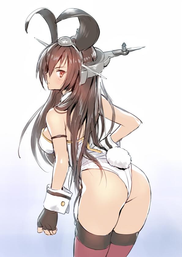 1girl, animal_ears, ass, black_legwear, breasts, brown_eyes, brown_hair, bunny_tail