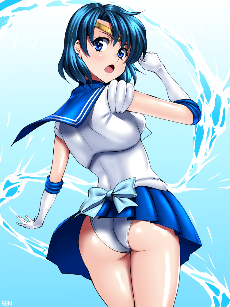 1girl, anzu_(onelelee), ass, bishoujo_senshi_sailor_moon, blue_eyes, blue_hair, blue_skirt, bow, choker, earrings, elbow_gloves, gloves, jewelry, magical_girl, mizuno_ami, sailor_mercury, sailor_senshi, short_hair, skirt, tiara, water, white_gloves
