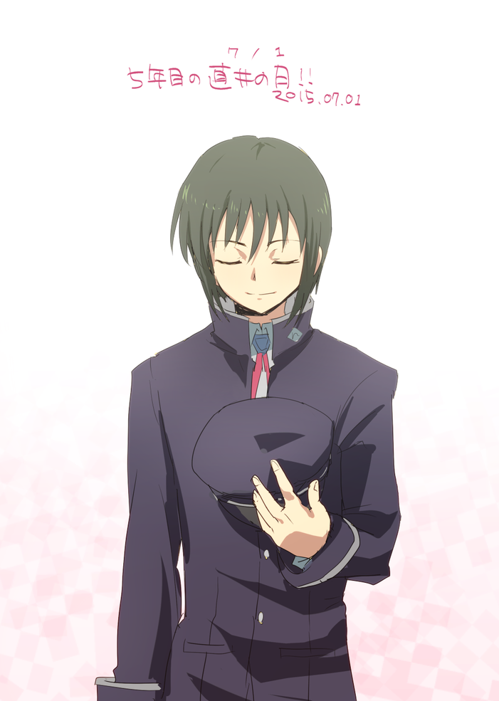 1boy, angel_beats!, closed_eyes, green_hair, hat, hat_removed, headwear_removed, naoi_ayato