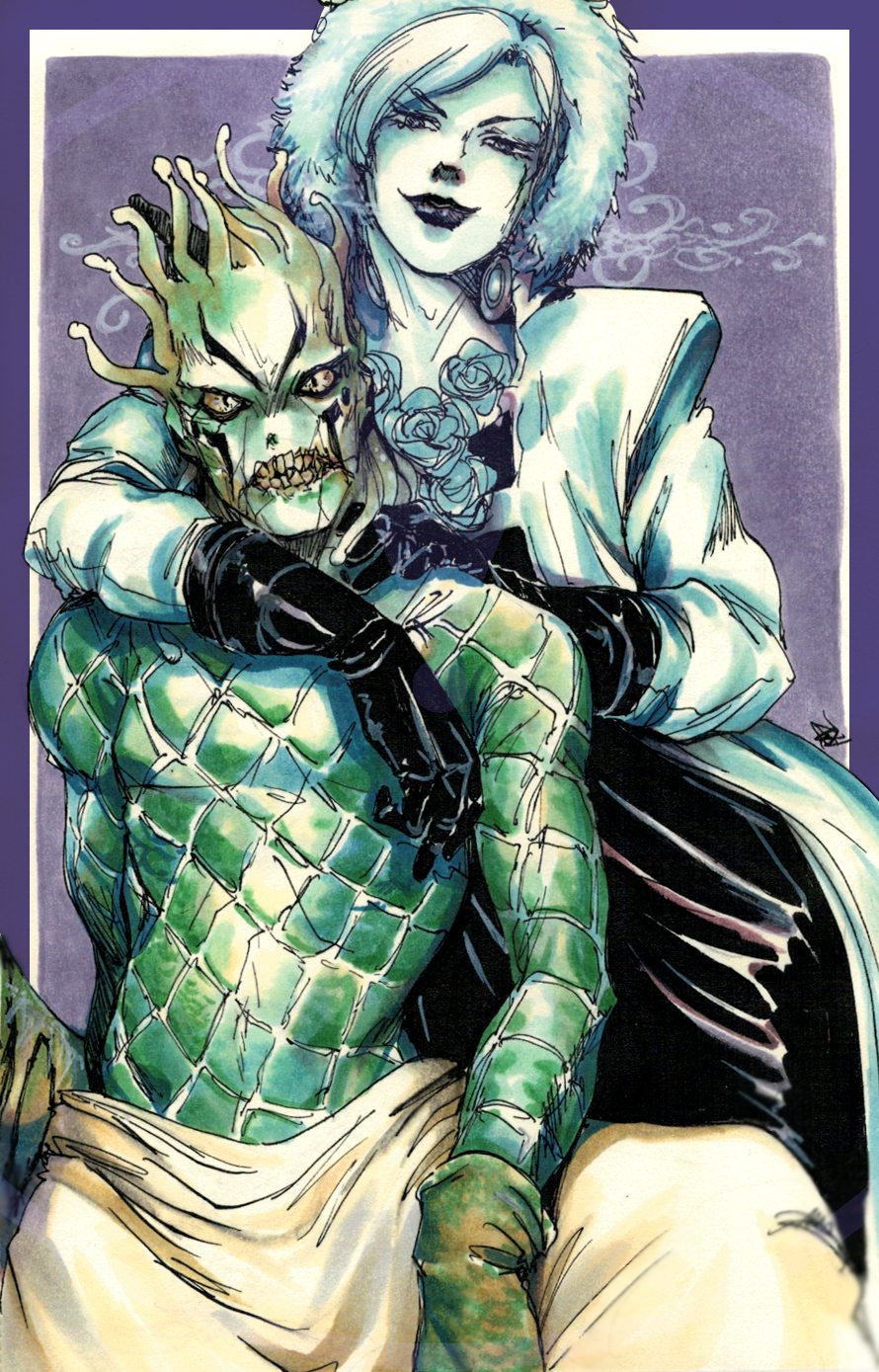 2boys, androgynous, arm_around_neck, bed_sheet, black_gloves, border, diego_brando, doctor_ferdinand