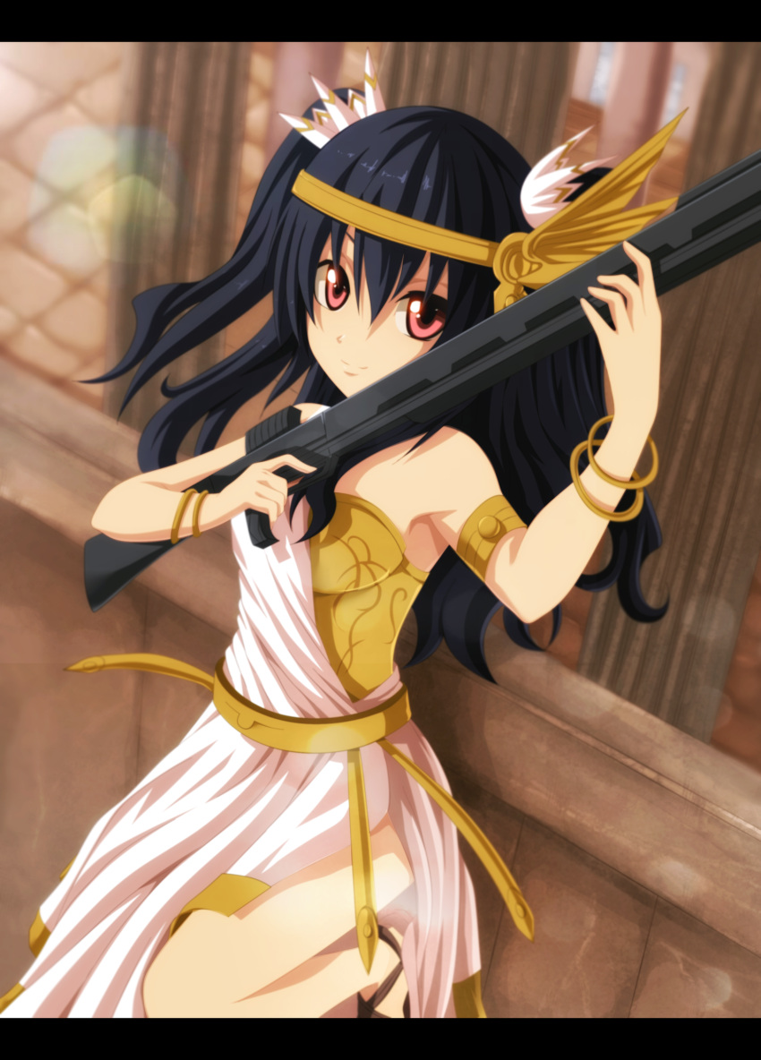 1girl, alternate_costume, black_hair, bracelet, choujigen_game_neptune, gun, highres, jewelry